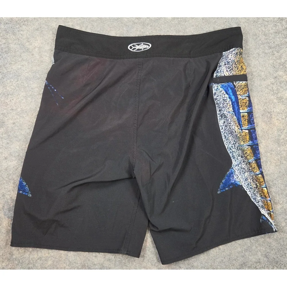 Tormenter Mens Marlin Graphic Board Shorts Black Blue Yellow Size 36 Swim Trunks